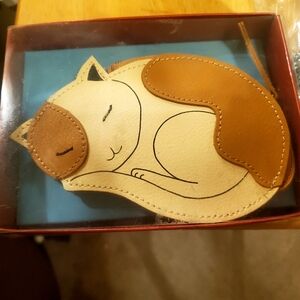 Brand New ROLFS  Leather sleeping cat zippered coin purse key ring